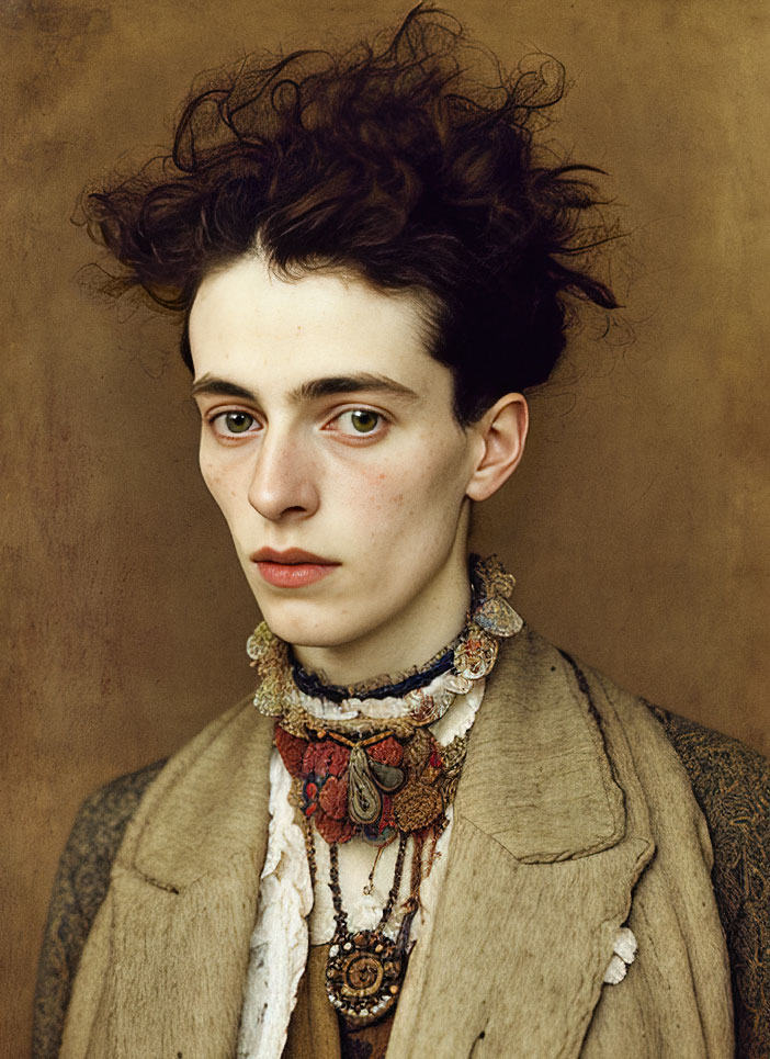 A closeup studio portrait of an androgynous looking subject with unkempt hair and wearing a structured blazer and shirt