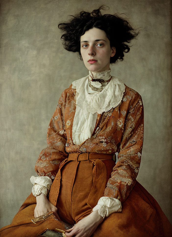A medium length studio portrait of an androgynous looking subject with unkempt wavy hair wearing a layered patterned shirt and high waisted pants