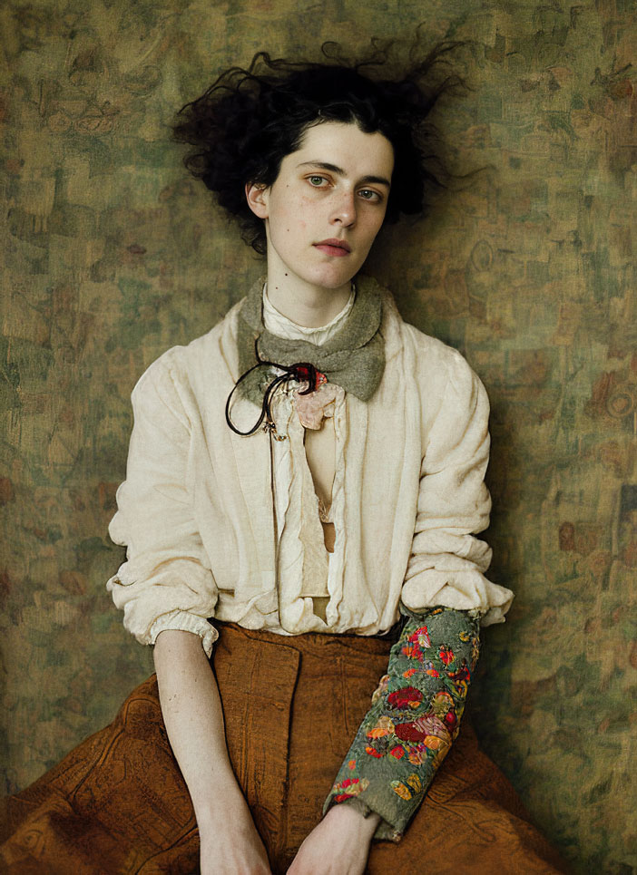 A medium length studio portrait of an androgynous looking subject with unkempt hair in front of a patterned backdrop and wearing a structured shirt and pants