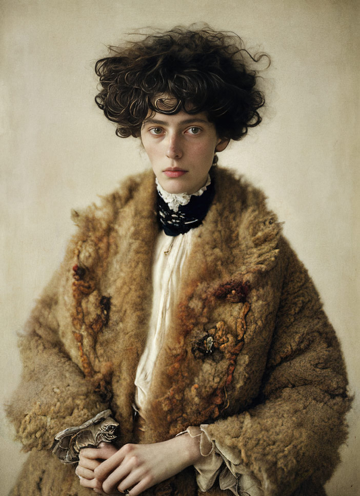 A medium length studio portrait of an androgynous looking subject with mid length curly hair wearing an oversized furry coat and a structured high collared shirt