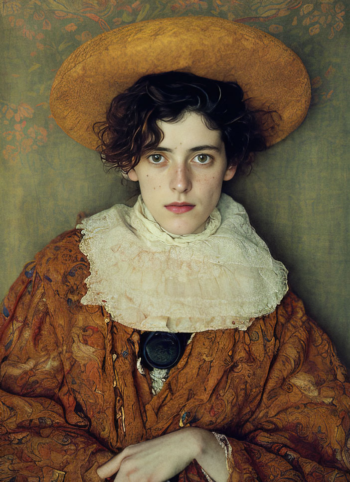 A close up studio portrait of an androgynous looking subject with mid length curly hair wearing a patterned robe, detailed and structured neckpiece and a soft padded wide brimmed hat