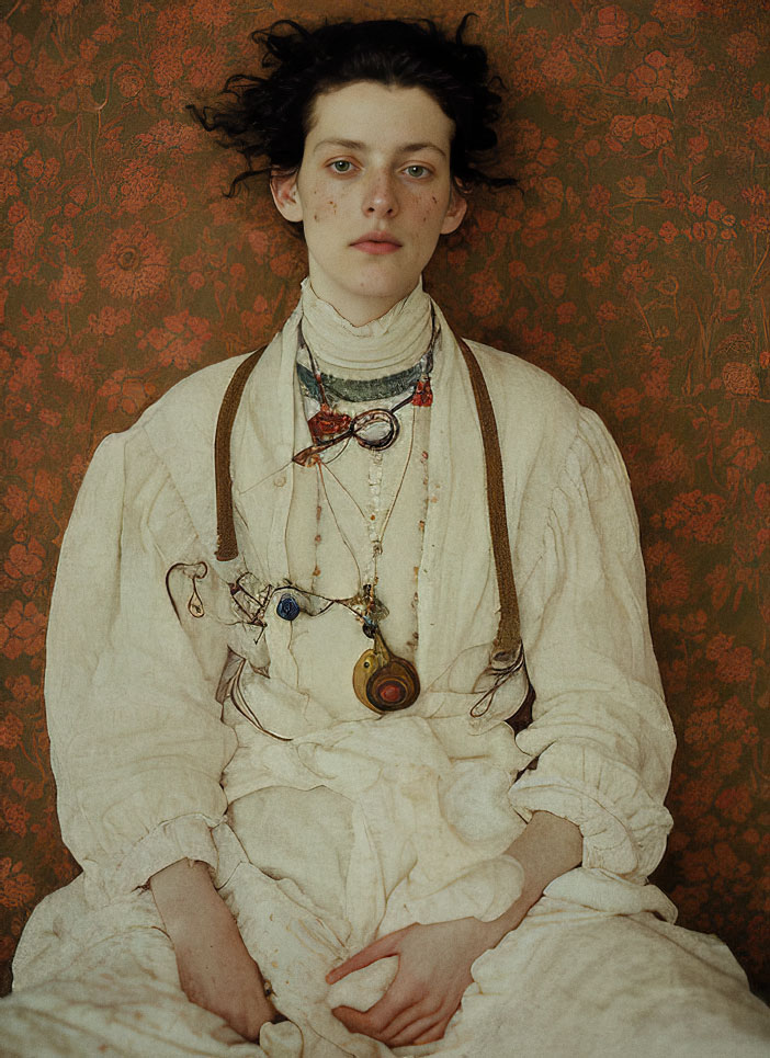 A medium length studio portrait of an androgynous looking subject with unkempt hair wearing a layered outfit with a harness and detailed jewellery